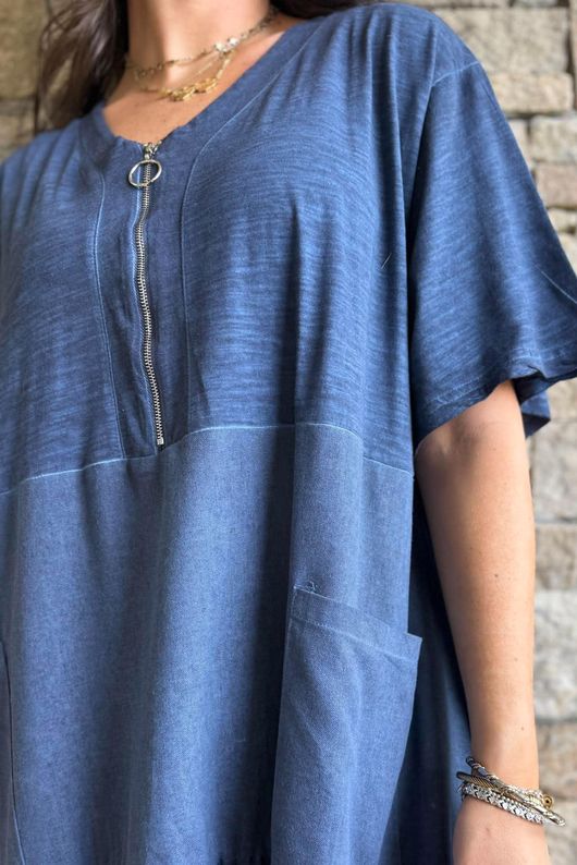 Rustic Nature Linen Blend Smock T Shirt Dress Washed Navy